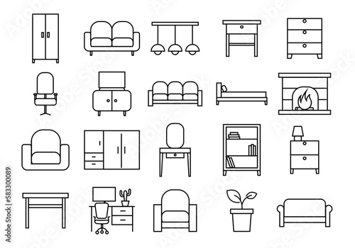 Living room furniture icons set. Collection of interior elements for apartment or house. Wardrobe, chair, armchair, plant and sofa. Cartoon flat vector illustrations isolated on white background