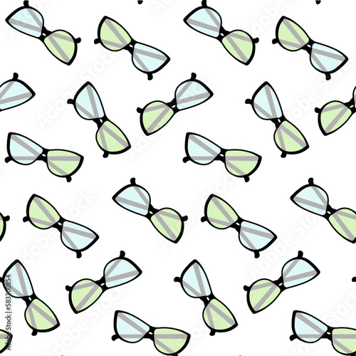 Seamless pattern with dark rimmed glasses and multi colored transparent glasses. Flat lay. Isolate