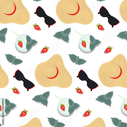 Seamless pattern with beach wide brimmed straw hat, sunglasses, strawberry and mint leaves. Flat lay