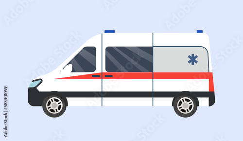 Ambulance car side view. Health care and urgent and emergency help and support. Rescue vehicle van with sirens. Government transport. Template, layout and mockup. Cartoon flat vector illustration