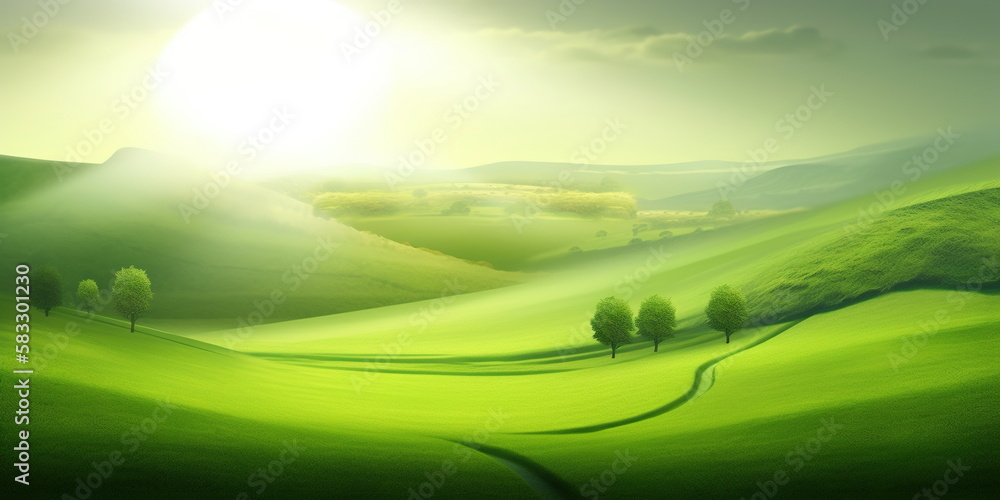 Green background illustration with mountains and fields