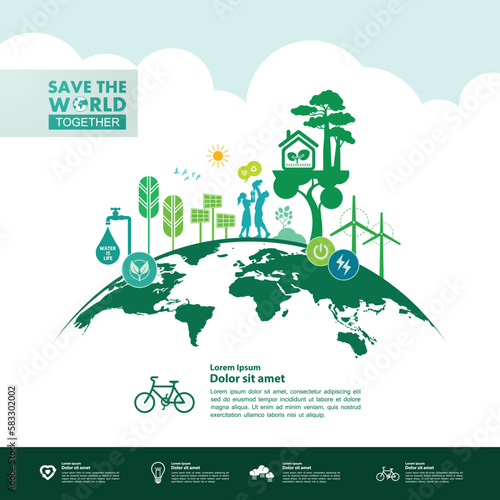 Save the world together green ecology vector illustration.