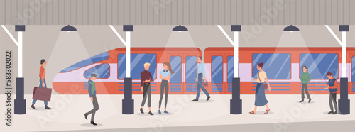 Underground with people. Men and women walk on background of train, urban public transport and infrastructure, metro. Comfort and coziness. Travel and trips. Cartoon flat vector illustration