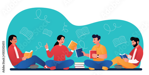 Concept of bookcrossing. Men and women sit with books and give them to each other to read. Useful hobby and leisure. Love for literature and self development. Cartoon flat vector illustration