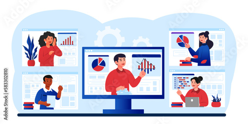 Business conference concept. Man and woman against background of graphs participate in video conference or call. Remote employees, board of directors at workshop. Cartoon flat vector illustration