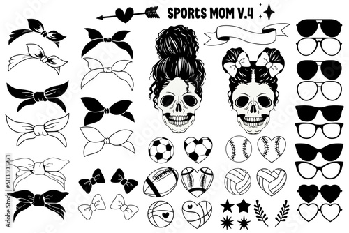Sports Mom Skeleton Messy Bun bundle, Skeleton Messy bun Set Mother's day design for t-shirt, Skeleton Messy Bun Element. Sports Mom V.4 