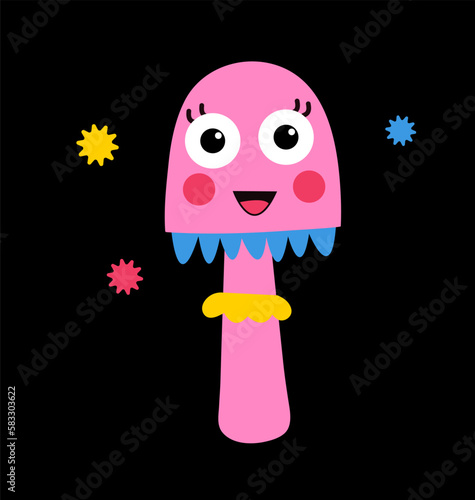 Mushroom in retro style. Pink plant, hallucination symbol. Hippie era and good mood, happiness and optimism. Poster or banner for website. Cartoon flat vector illustration