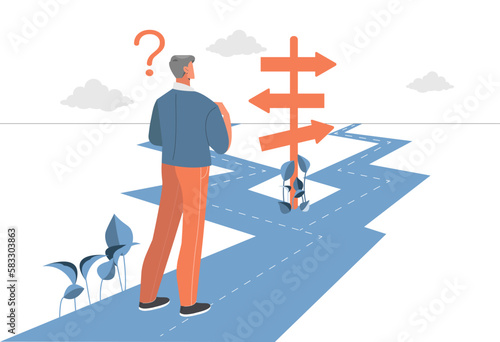 Man choose path. Young guy makes decision, travel and adventure. Life path and career, uncertainty. Opportunity or fail, option to achievement. Cartoon flat vector illustration