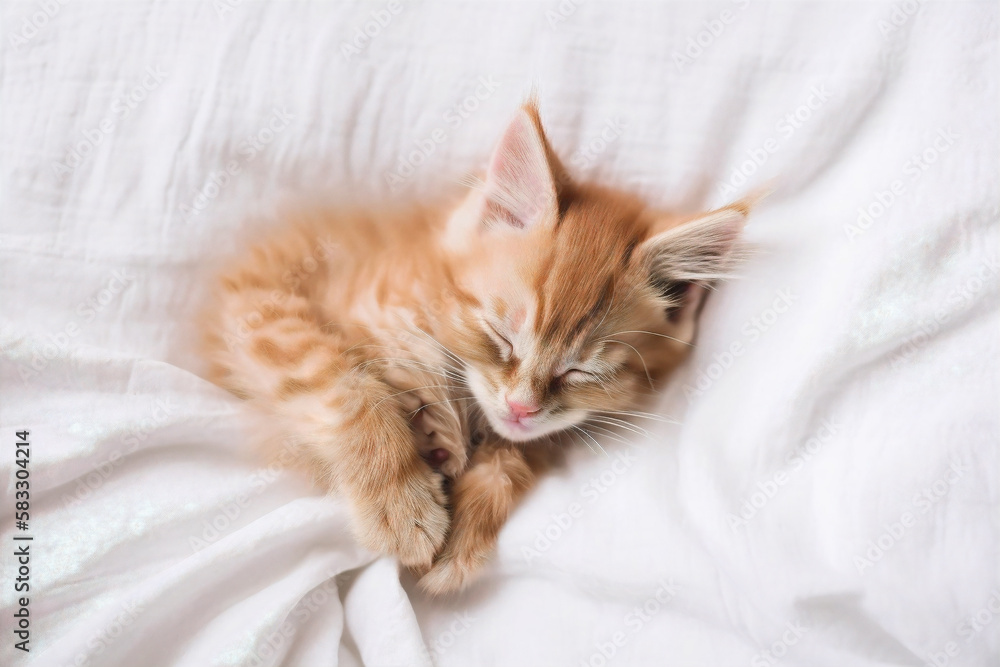 Red kitten sleeping peacefully on the white bed. Generative AI Red kitten sleeping peacefully on the white bed. Generative AI