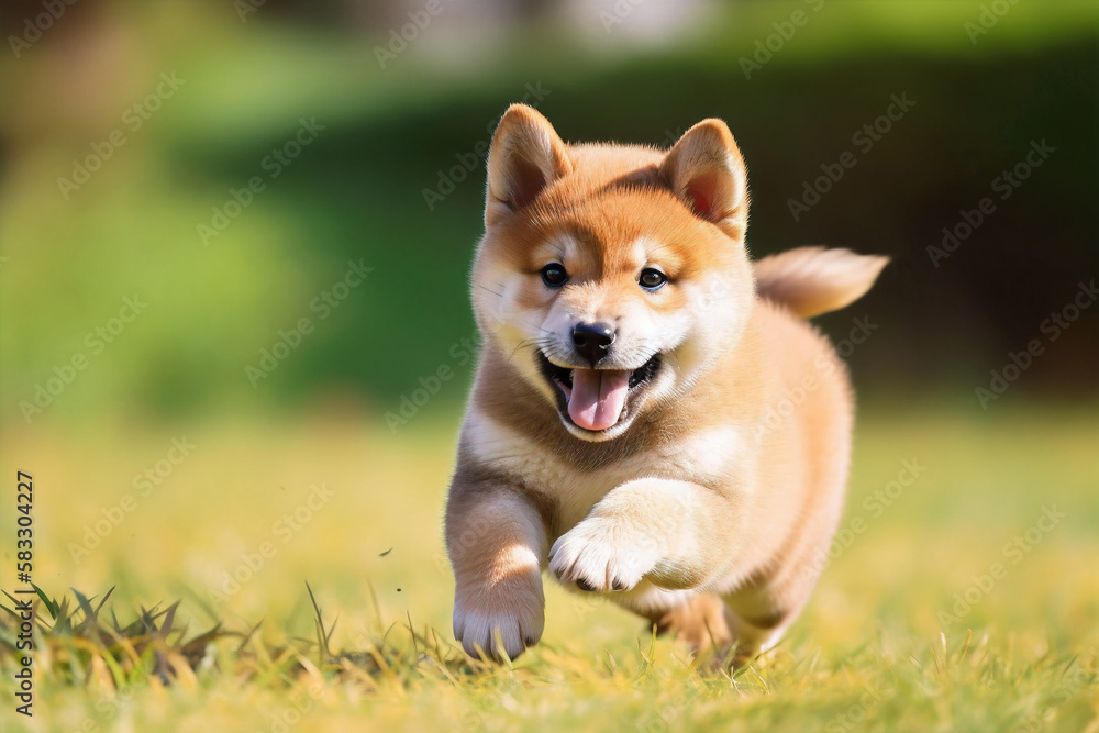 Happy Shibainu puppy running on green lawn. Generative AI