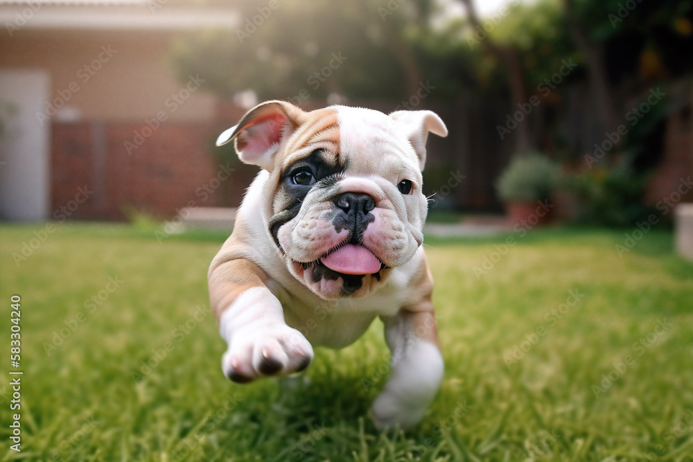 Bulldog puppy running on green lawn. Generative AI