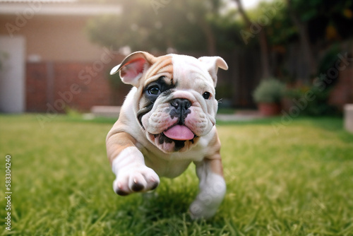 Bulldog puppy running on green lawn. Generative AI © MW.LW