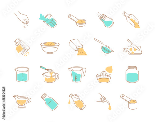Cooking measure icons set. Collection of graphic elements for website. Kitchen appliances and containers for water and liquids. Cartoon flat vector illustrations isolated on white background