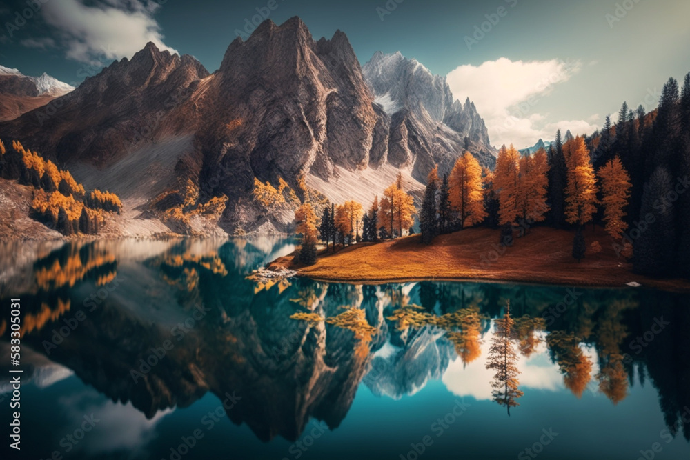 イタリア・ドロミテアルプスの山中湖の美しい紅葉の季節の風景。美しいアルプスの風景。アルプスの秋