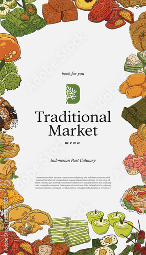 social media poster with indonesian traditional cuisine hand drawn illustration