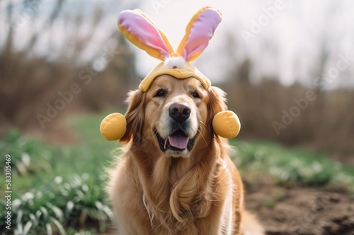 Canvas Print golden retriever dog with easter bunny ears