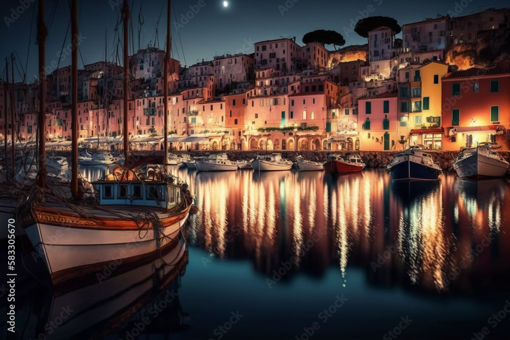 : ポルト・ヴェネロ（イタリア・リグーリア州）のカラフルな家々と船が並ぶ港の神秘的な風景