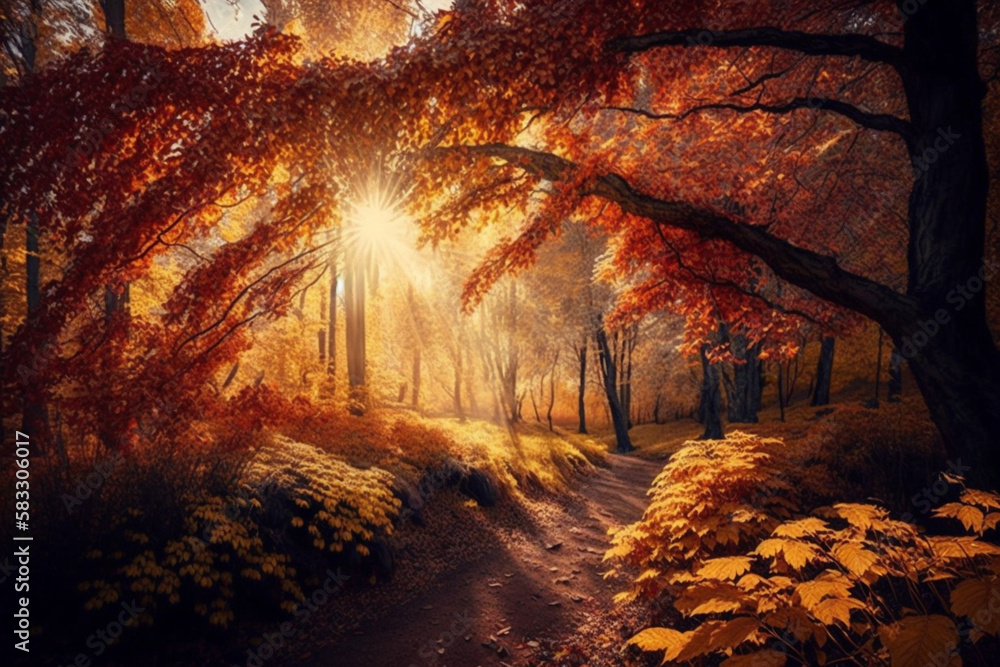 秋の森の自然。色とりどりの森の中で、木々の枝から太陽の光が差し込む鮮やかな朝。日差しが差し込む自然の風景