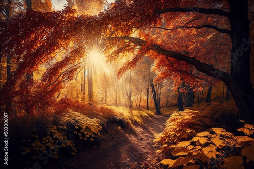  秋の森の自然。色とりどりの森の中で、木々の枝から太陽の光が差し込む鮮やかな朝。日差しが差し込む自然の風景