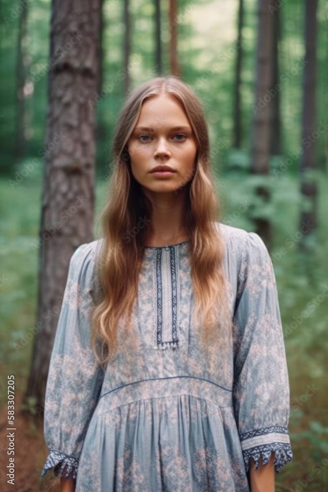 Beautiful young brunette woman posing looking at the camera at an outdoors nature environment. Generative AI Beautiful young brunette woman posing looking at the camera at an outdoors nature environment. Generative AI