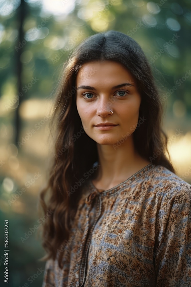 Beautiful young brunette woman posing looking at the camera at an outdoors nature environment. Generative AI Beautiful young brunette woman posing looking at the camera at an outdoors nature environment. Generative AI