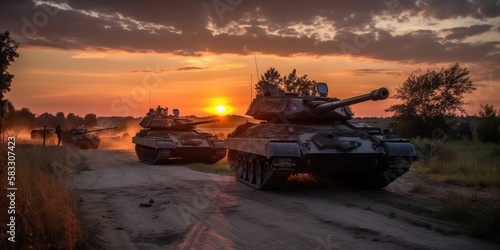 Tanks moving forward advancing in sunset. Generative AI