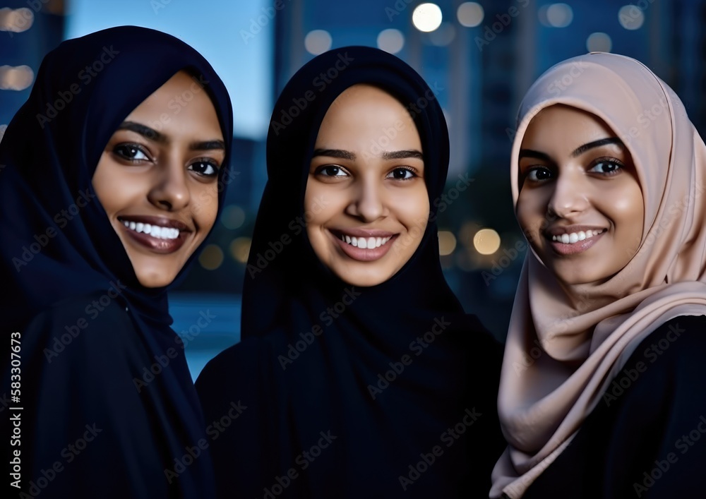Smiling young middle eastern woment wearing a hijab looking at the camera. generative AI Smiling young middle eastern woment wearing a hijab looking at the camera. generative AI