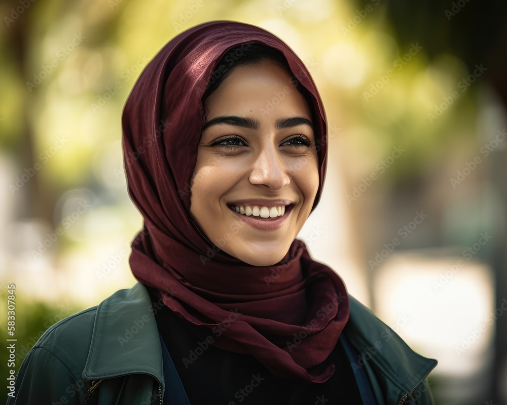 Smiling young college female student wearing a hijab looking at the camera. generative AI Smiling young college female student wearing a hijab looking at the camera. generative AI