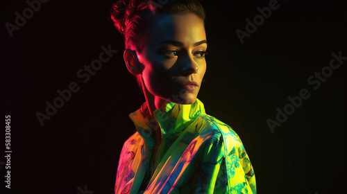 Stylish fashion portrait of a girl, bright colors energy. generative AI