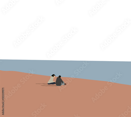 woman and man sitting on the sand of a beach by the sea enjoying view. Tropical destination vacation. Romantic couple on the beach