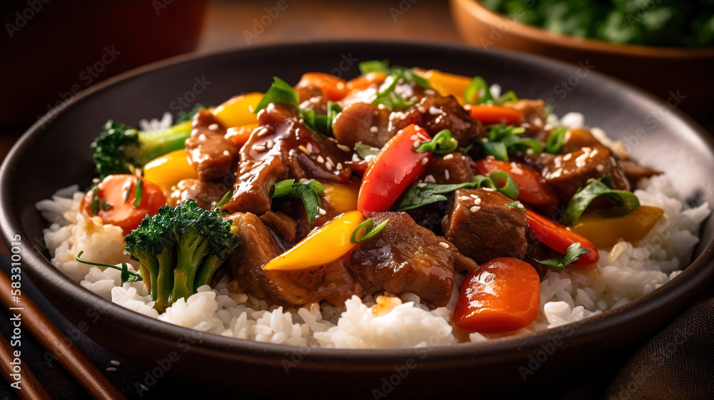 Aromatic and Flavorful Beef Stir Fry with Fresh Vegetables and Rice