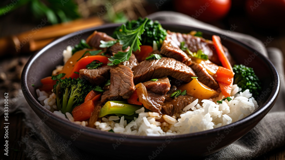 Perfectly Cooked Beef and Vegetable Stir Fry Served Over White Rice