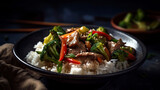 Savory Beef Stir Fry with Fresh Vegetables and Fluffy White Rice in a Bowl