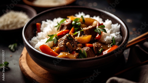 Aromatic and Delicious Beef Stir Fry with Freshly Cooked Vegetables and Rice
