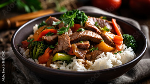 Perfectly Cooked Beef and Vegetable Stir Fry Served Over White Rice