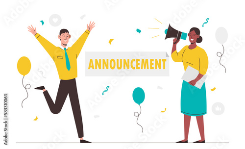 Happy announcement concept. Man and woman with loudspeaker on background of confetti and banner. Advertising and marketing. Businesswoman talking at megaphone. Cartoon flat vector illustration