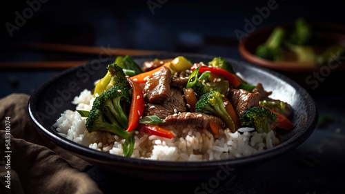 Savory Beef Stir Fry with Fresh Vegetables and Fluffy White Rice in a Bowl
