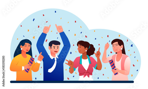 Happy team concept. Man and women rejoice under confetti. Event,party and festival, holiday. Good relationship friends. Group of cheerful people standing together. Cartoon flat vector illustration