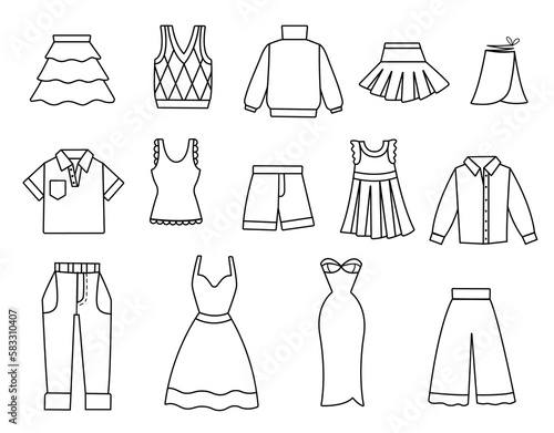 Set of line clothes. Minimalistic creativity and art. Pants, sweater and dress. Skirt and shorts. Collection of icons for website. Cartoon flat vector illustrations isolated on white background
