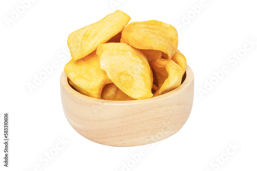 Dried Butter Roasted Jackfruit. Close up of a pile of dried jackfruit in wooden round shape cup for a snack chips. Isolated on cut out PNG. Food preservation concept popular in Thailand.