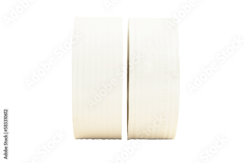 Toilet paper large or Tissue roll sanitary vertical and household, Close up detail of clean toilet paper roll. Isolated on cut out PNG. Tissue is lightweight paper or light crepe paper. 