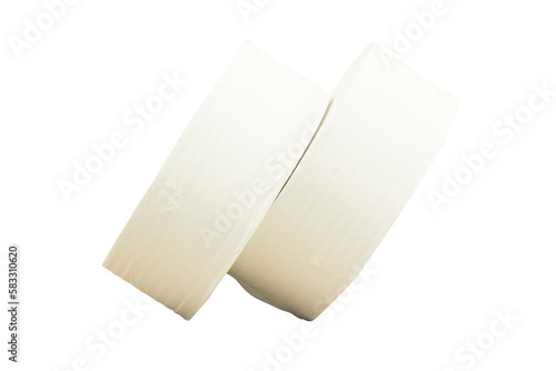 Toilet paper large or Tissue roll sanitary slanted and household, Close up detail of clean toilet paper roll. Tissue is lightweight paper or light crepe paper. Isolated on cut out PNG. 