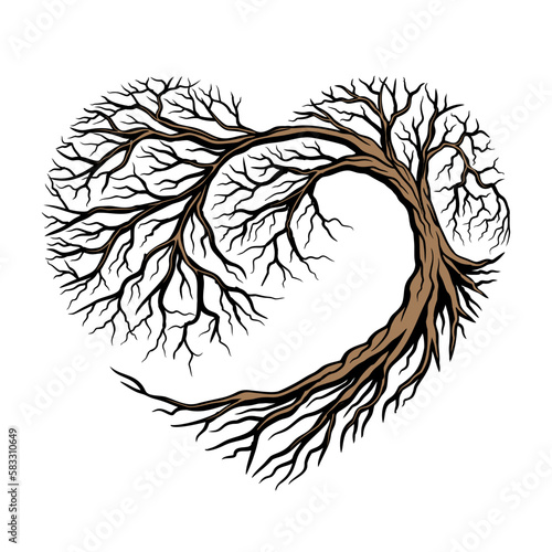 rooted tree illustration vector design with heart shape. the art of beauty and growth