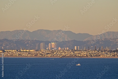 Looking out over Santa Monica Bay on a very clear day with Manhattan Beach in the foreground and the skyscrapers of Century City, the Hollywood Hills and the San Gabriel Mountains in the background