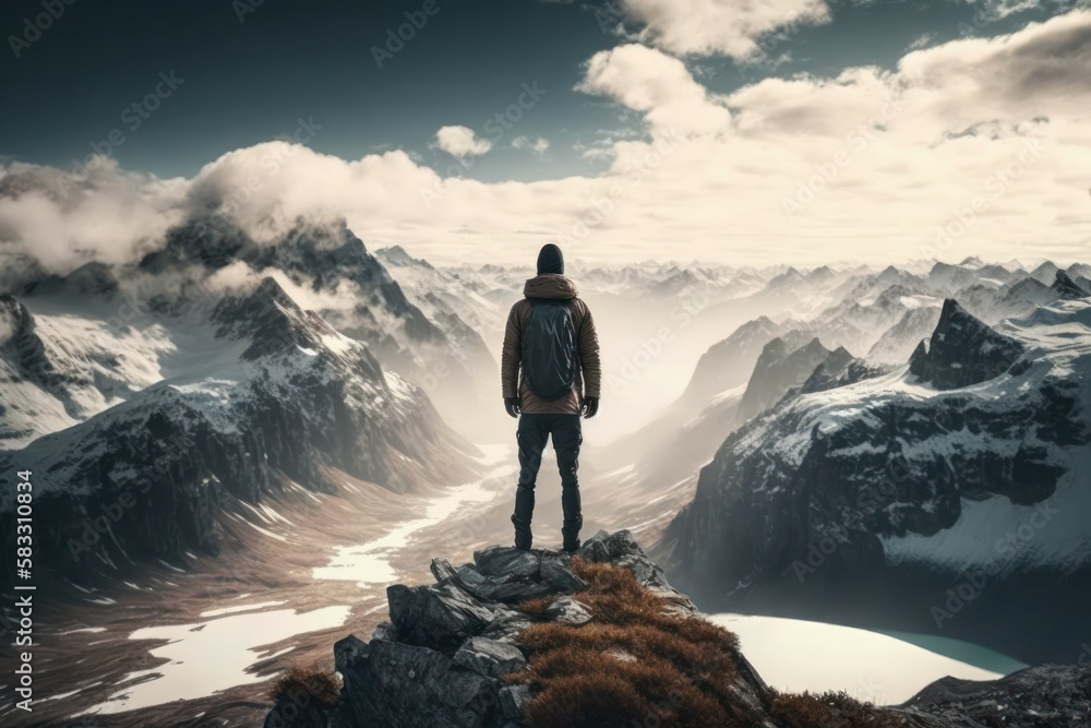 Person looking from the top of a mountain. AI generated, human enhanced. Person looking from the top of a mountain. AI generated, human enhanced.