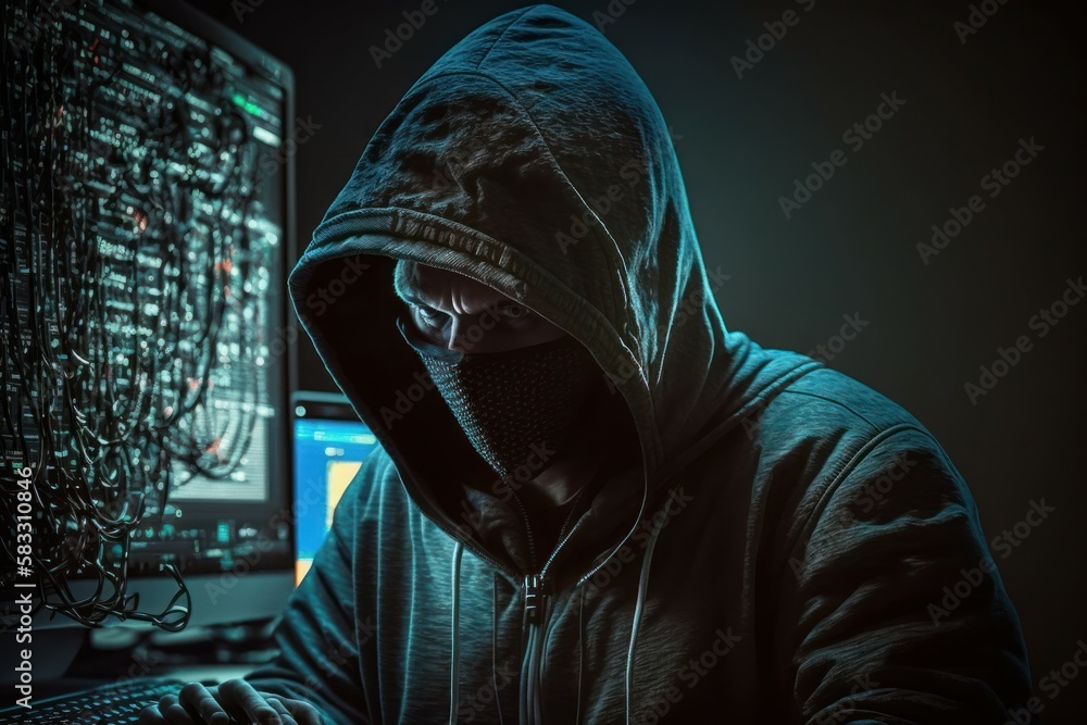 Web hacker in a hood. AI generated, human enhanced. Background Web hacker in a hood. AI generated, human enhanced. Background
