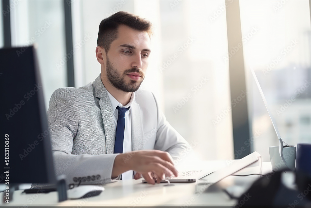 An ambitious young white caucasian businessman at work. AI generated, human enhanced. An ambitious young white caucasian businessman at work. AI generated, human enhanced.