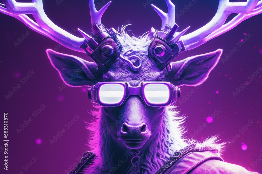Neon cyberpunk futuristic portrait of reindeer with large strong horns and sunglasses. purple lights. AI generated Neon cyberpunk futuristic portrait of reindeer with large strong horns and sunglasses. purple lights. AI generated