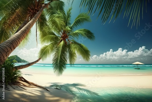 Tropical exotic beach with palm tree. AI generated