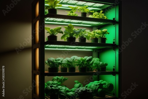 Indoor farm on multi-level racks with shelves and phyto light. AI generated  human enhanced